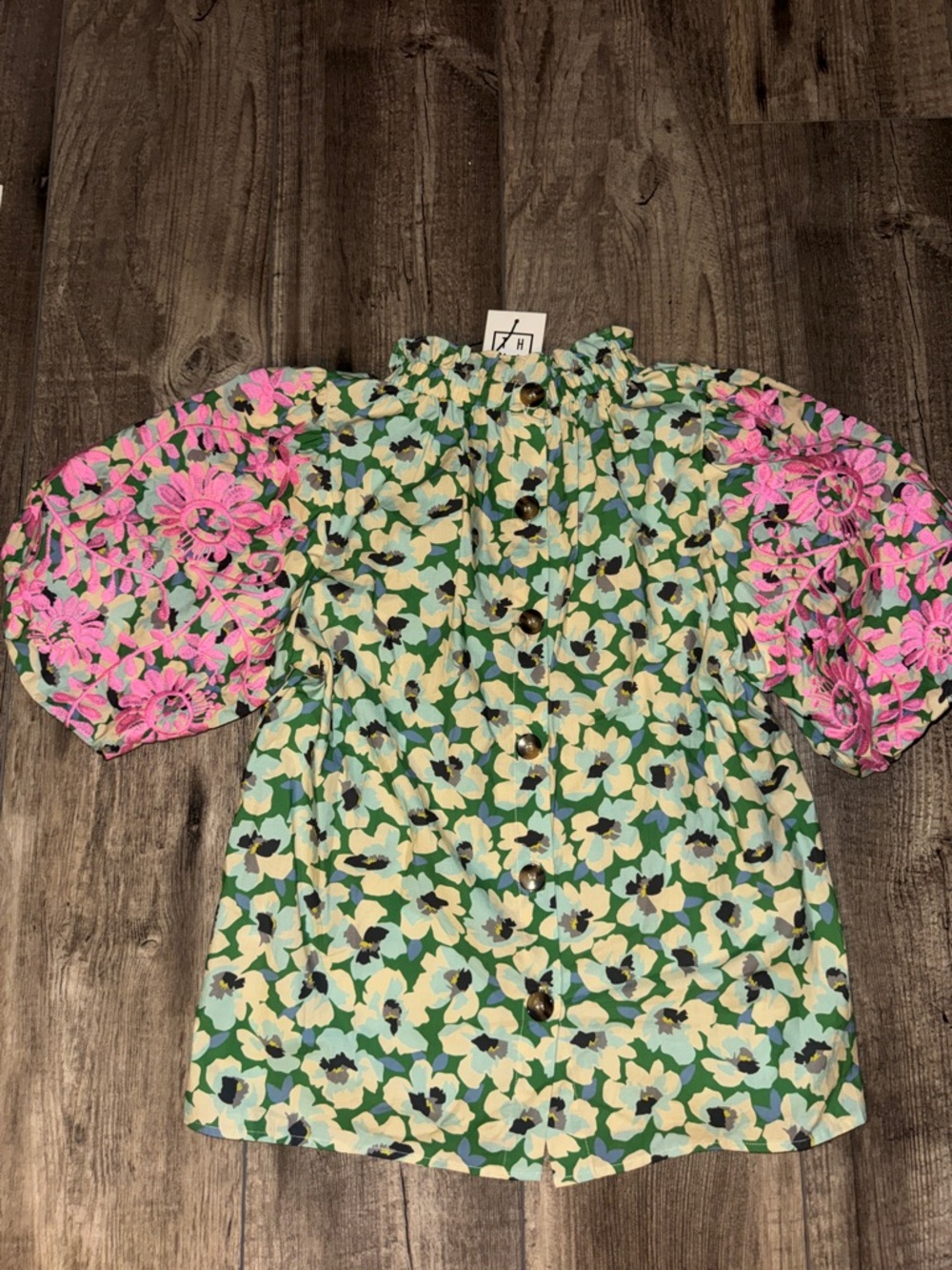 THML Green Floral Blouse with Pink Embroidered Puff Sleeves - Picture 3 of 5